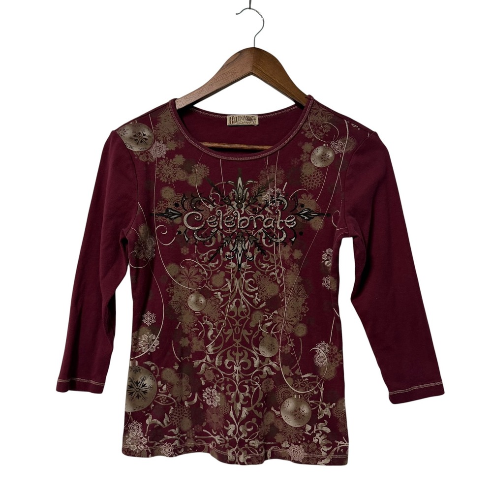 Vtg 90s Y2k Top Womens S Burgundy AOP Celebrate Holiday Graphic Studded Y2K USA